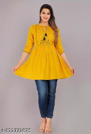 Women Rayon Emb Stylish Sky Blue Top & Tunics, Frock_Top,Kurti_Top