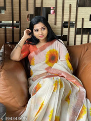 Cotton Linen White Flower Print Saree Designer Bollywood Partywear Wedding Traditional Latest Trends Sari
