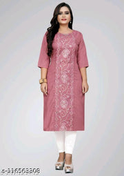 Women Embroidered Cotton Blend A-line Pink Kurta |Three-Quarter Sleeves| Plus Size Kurta