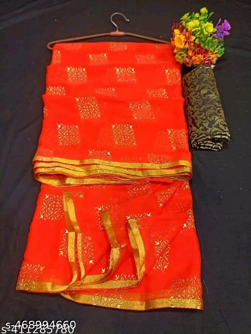 Chiffon Saree Dewdrop Foil Print & Brocket Blouse