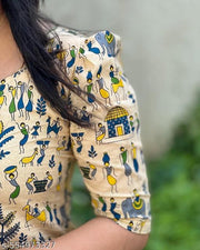 Beige Ethnic Printed Rayon Kurti for Women | Traditional Warli Art Design | Daily Wear & Office Wear