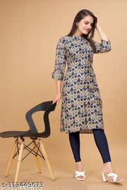 Womens Muslin 3/4 Sleeve Round Neck Calf Length Printed Kurti