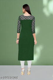 Polyster/Crepe fabric-Casual And Round-Neck 3/4 Length Sleeves Dark Green Kurti (42"Inches)