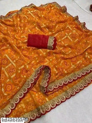 BANDHNI PRINTED WITH EMBROIDERY CUTWORK LACE PARTY WEAR WEDDING WEAR DESIGNER SAREE