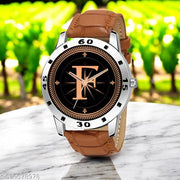 Femeo  Analog 9109 Watches Round Black Dial F Design Stylish Beige Leather Strap Classic Design Fancy Wrist Watch for Men and Boys, Pack of 1 - A07ZALPHA-F-AVO-SIL-TAN-CRL
