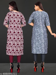 Women Crepe Fabric Printed Straight Kurti PACK OF 2, Extra plus Size -S,M,L,XL,XXL,2XL,XXXL,3XL,4XL,5XL,6XL,7XL,8XL ( New Arrival New Design Fashionable Kurti )