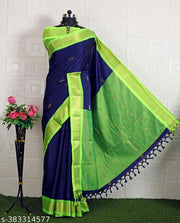 Golden Zari Cotton Silk Paithani Saree Navy Parrot