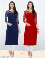 Pack of 1 Casual American Crepe And Net Round-Neck 3/4 Length Sleeves Navy Blue & Red Kurti (42"Inches)