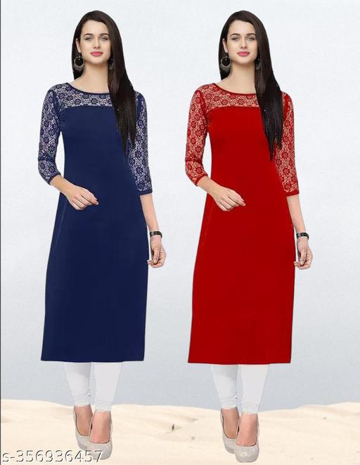 Pack of 1 Casual American Crepe And Net Round-Neck 3/4 Length Sleeves Navy Blue & Red Kurti (42"Inches)