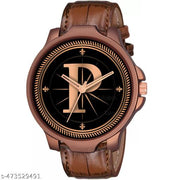 Prathshya Analog Round Black Dial ALPHABET P Design Stylish Brown Leather Strap Classic Design Fancy Wrist Watch for Men and Boys, Pack of 1 - ALPHA-P-3K-DBRW-CRL