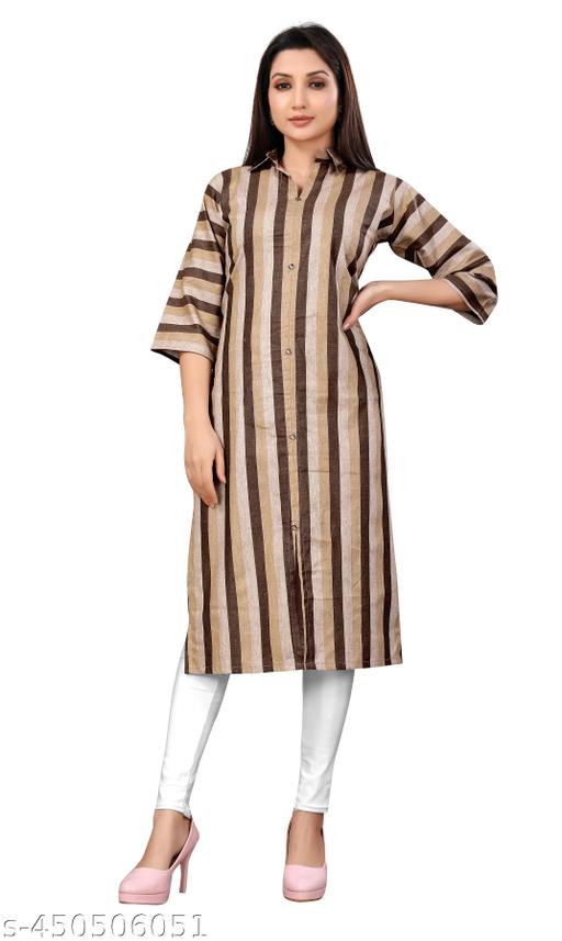 Women Striped Khadi Cotton Straight Kurta  FANCY COTTON DESIGNER LATEST BOLLYWOOD STRAIGHT KURTI Trendy The New Fancy Bollywood-Inspired Trendy Women's Cotton Straight Kurti
