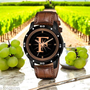 Femeo  Analog 9109 Watches Round Black Dial F Design Stylish Brown Leather Strap Classic Design Fancy Wrist Watch for Men and Boys, Pack of 1 - A07ZALPHA-F-AVO-BLK-DBRW-CRL