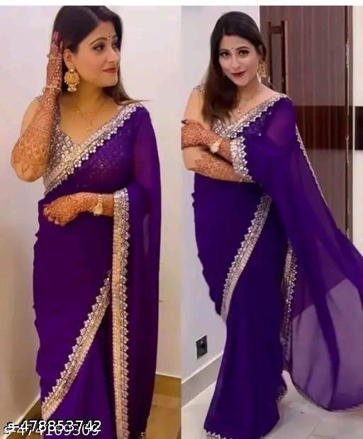 Georgette Saree With Embroidered Blouse Piece ब्लाउज में वर्क एक साइड में मिलने वाला है