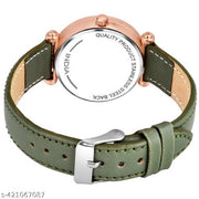 Analogue New Flower Print Dial Lathers Strap Girls and Womans Watches(green&Pink)