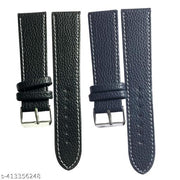 Black Plain 22mm Blue Plain 22mm Genuine leather Strap For Watch and Smart Watch for All 22mm Combo of 2