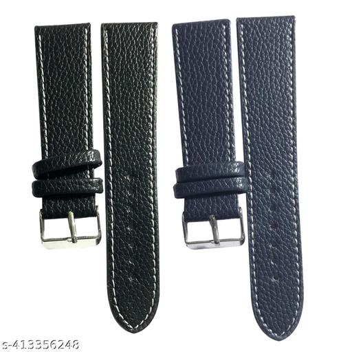 Black Plain 22mm Blue Plain 22mm Genuine leather Strap For Watch and Smart Watch for All 22mm Combo of 2