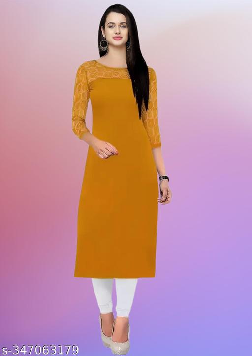 Casual American Crepe And Net Round-Neck 3/4 Length Sleeves Yellow Kurti (45"Inches)