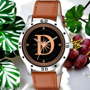 Femeo  Analog 9111 Watches Round Black Dial D Design Stylish Beige Leather Strap Classic Design Fancy Wrist Watch for Men and Boys, Pack of 1 - A07ZALPHA-D-AVO-SIL-TAN-PL