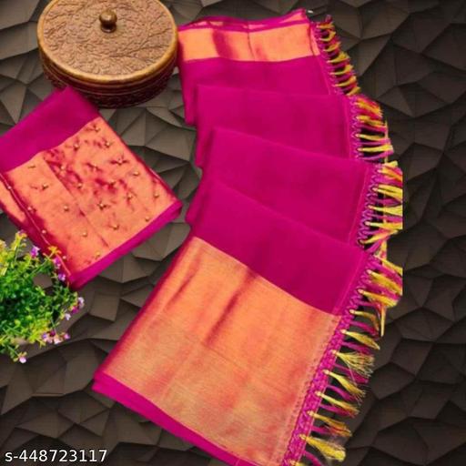 Plain chiffon saree styles in pink colour with latkan lace border