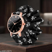 Scrunchie Bands Watch for Women & Girls Scrunchies Watch Classic Flower Dial & Unique Scrunchies Watches Strap Cloth Soft Pattern Solid Fabric Wristband Watch Combo Pack of 2