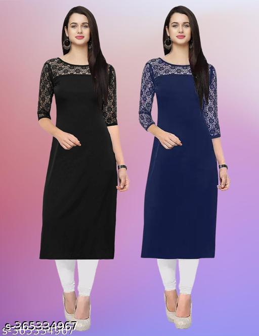 Polyster/Crepe fabric-Pack of 1 Casual And Round-Neck 3/4 Length Sleeves Black & Navy Blue Kurti (42"Inches)