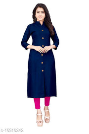 HF HOLYDAY FASHION Cotton Plain and Solid Wooden Button Straight Style Kurti Kurta For Women Latest Design Ladies Dresses Top Collar Neck Frontslit Stylish Party Wear Readymade Fancy Girls Dress Tops 3/4 Sleeve Calf Length Casual Front Slit Kurtis