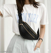 Premium Black Leather Waist Bag for Men & Women | Stylish Crossbody Chest Sling Bag with Dual Golden Zippers & Adjustable Strap