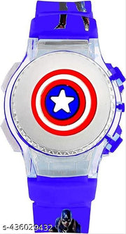 Digital Dial Cartoon Revolving Cap Glowing Light Cartoon Printed Strap Colorful Kids Watch for Boys & Girls (Age:4-12 Years)Captain America