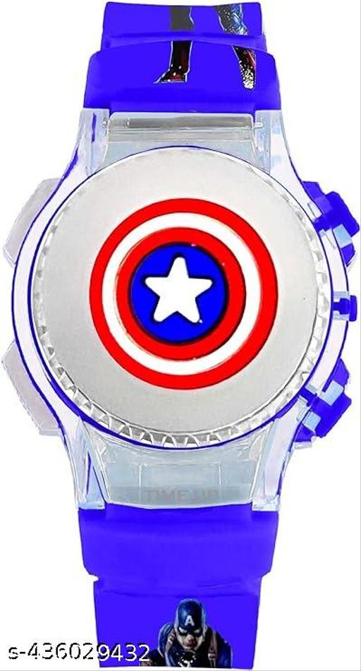Digital Dial Cartoon Revolving Cap Glowing Light Cartoon Printed Strap Colorful Kids Watch for Boys & Girls (Age:4-12 Years)Captain America