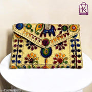 NAKASA Women's Jaipuri Handmade Damru Embroidery Small Beige Clutch Bag