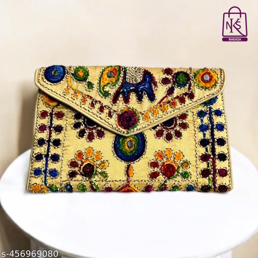 NAKASA Women's Jaipuri Handmade Damru Embroidery Small Beige Clutch Bag