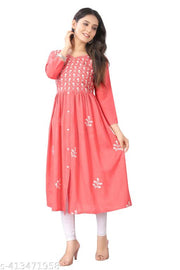 Women Embroidered Cotton Rayon Flared  Kurta  Anarkali Kurti Peach