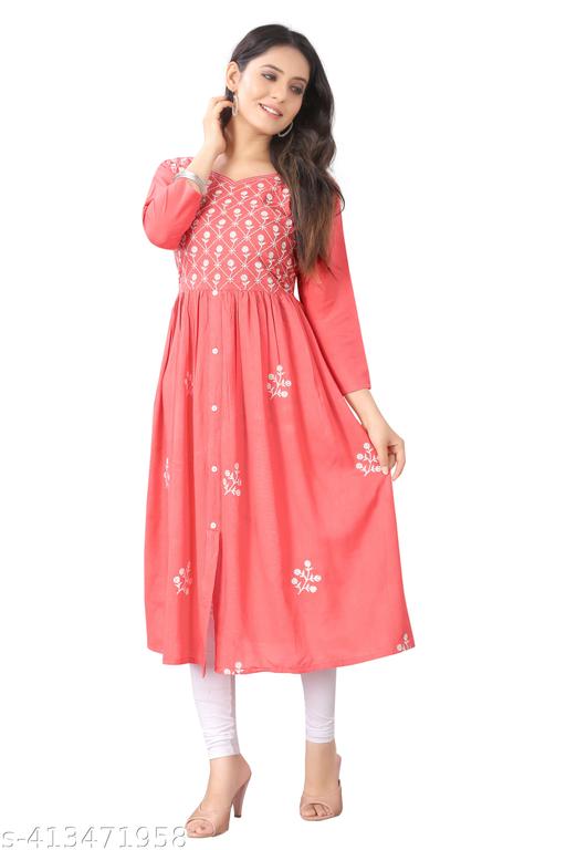 Women Embroidered Cotton Rayon Flared  Kurta  Anarkali Kurti Peach
