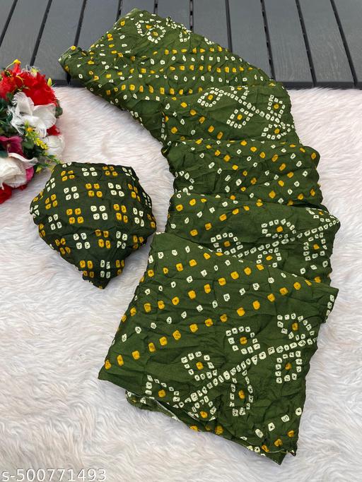 Latest Moss Chiffon Crepe Bandhani Mehendi Color Printed Crush SAREE FOR WOMEN UNDER 499 With Blouse