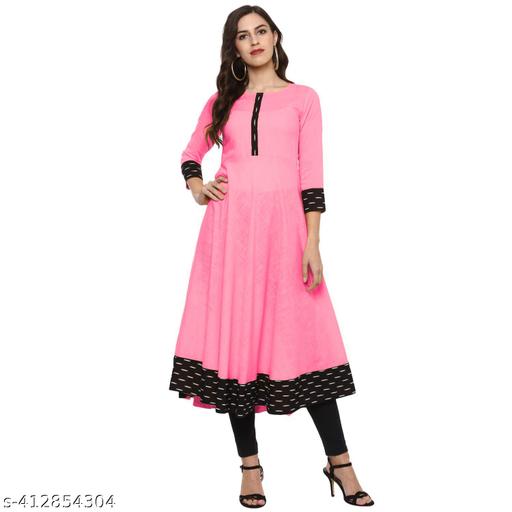 Yova Style Plain Umbrella Frock Design Anarkali Latest Fashion Cotton Dress For Women Ladies Skirt Top With Black Batik Printed Lace Border Regular Daily Wear Simple Use Branded Kurta Chikankari Kurti For Girls