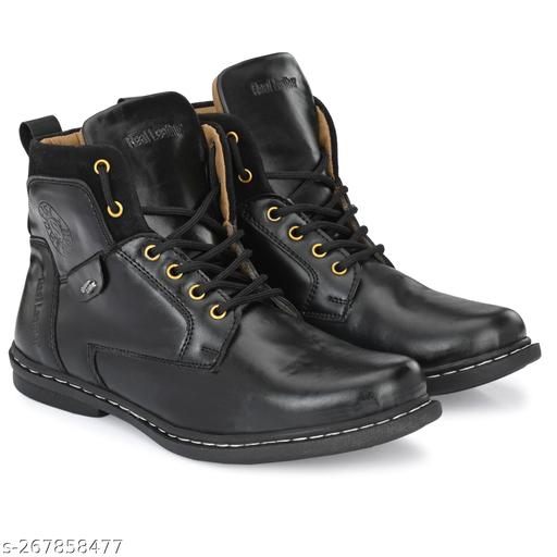 Shoe Island ® Robust-X ™ Leather Black Trendy Tough Military Lace Ups High Ankle Length Mens Casual Boots For Men (BAB980-BLACK)