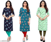 Women's Aline Straight Crepe Regular Fit Kurti (Pack Of 3 Pcs)