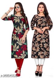 Polyster/Crepe fabric-Stylish Women's MultiColor Digital Printed Straight Kurti (COMBO-2)