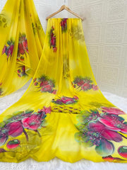 Fancy Casual Wear Georgette Floral Digital Print Saree With Running Blouse Piece