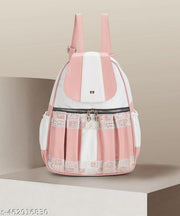 Fiago Trendy Women's Backpack | PU Leather Shoulder Bag with Elegant Lace & Pleated Design | Casual & Travel Backpack | Pink & White