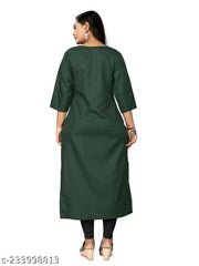 Cotton Blend Round Neck Embroidered Straight Kurta For women (DarkGreen,Pink) |Kurtas| (Pack of 2)