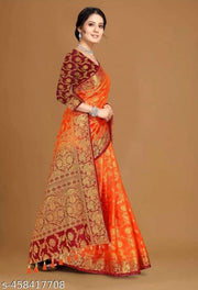 NEW BANARASI SILK SAREE WITH UNSTICHED TASSELS & LATKAN