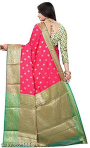 Pure Banarasi Silk Saree with Rich Zari Woven Border & Heavy Pallu | Premium Jacquard Weaving | Wedding, Festive & Party Wear Silk Saree | With Unstitched Blouse Piece & Latkans