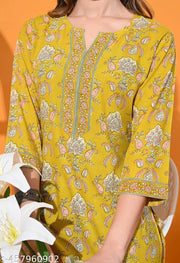 Womens Printed Pure Cotton Kurti in Yellow