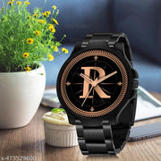 Prathshya Analog Round Black Dial ALPHABET R Design Stylish Black PUn Strap Classic Design Fancy Wrist Watch for Men and Boys, Pack of 1 - ALPHA-R-3K-BLK-CDBLK