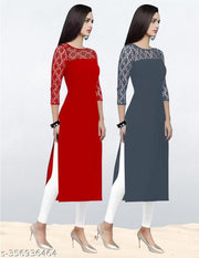 Pack of 1 Casual American Crepe And Net Round-Neck 3/4 Length Sleeves Red & Grey Kurti (42"Inches)