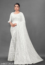 Chikankari Net White Saree With Blouse