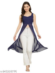 Shimao Trendy Solid Georgette Front-Open High-Slit Sleeveless Kurta for Women