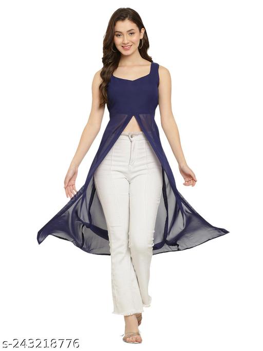 Shimao Trendy Solid Georgette Front-Open High-Slit Sleeveless Kurta for Women