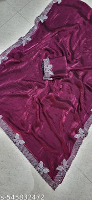 Women's Hot Fixing Stone Work Butterfly Design Saree with Unstitched Blouse Piece.